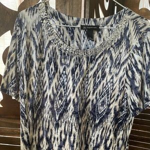 Jeweled neckline. Blue & cream pattern. INC brand.